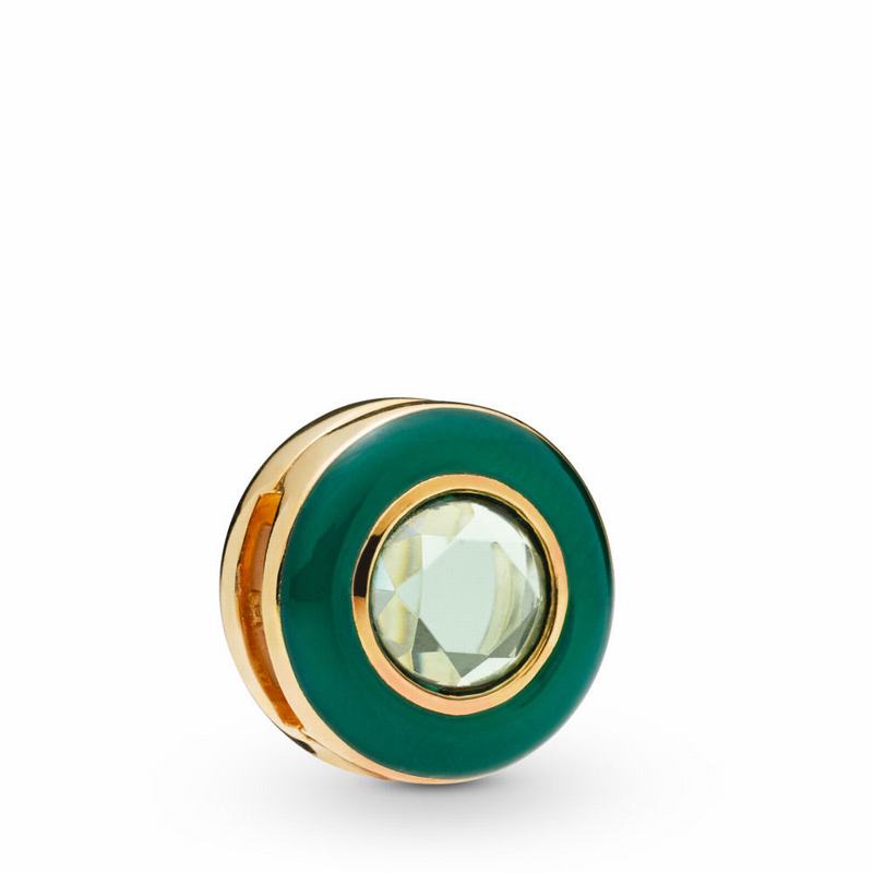 Pandora Reflexions™ Radiant Green Circle Clip Charm - 18ct Gold Plated/Enamel/Green/Crystal - Canada